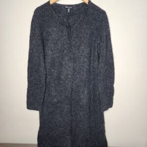 Eileen Fisher Black Mohair Wool Long Cardigan Duster Sweater Button Pockets L